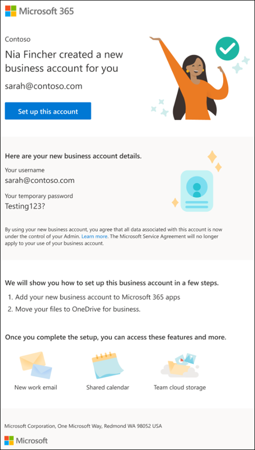 Ekran görüntüsü: Yeni iş e-posta hesabı için e-posta daveti kabul etme