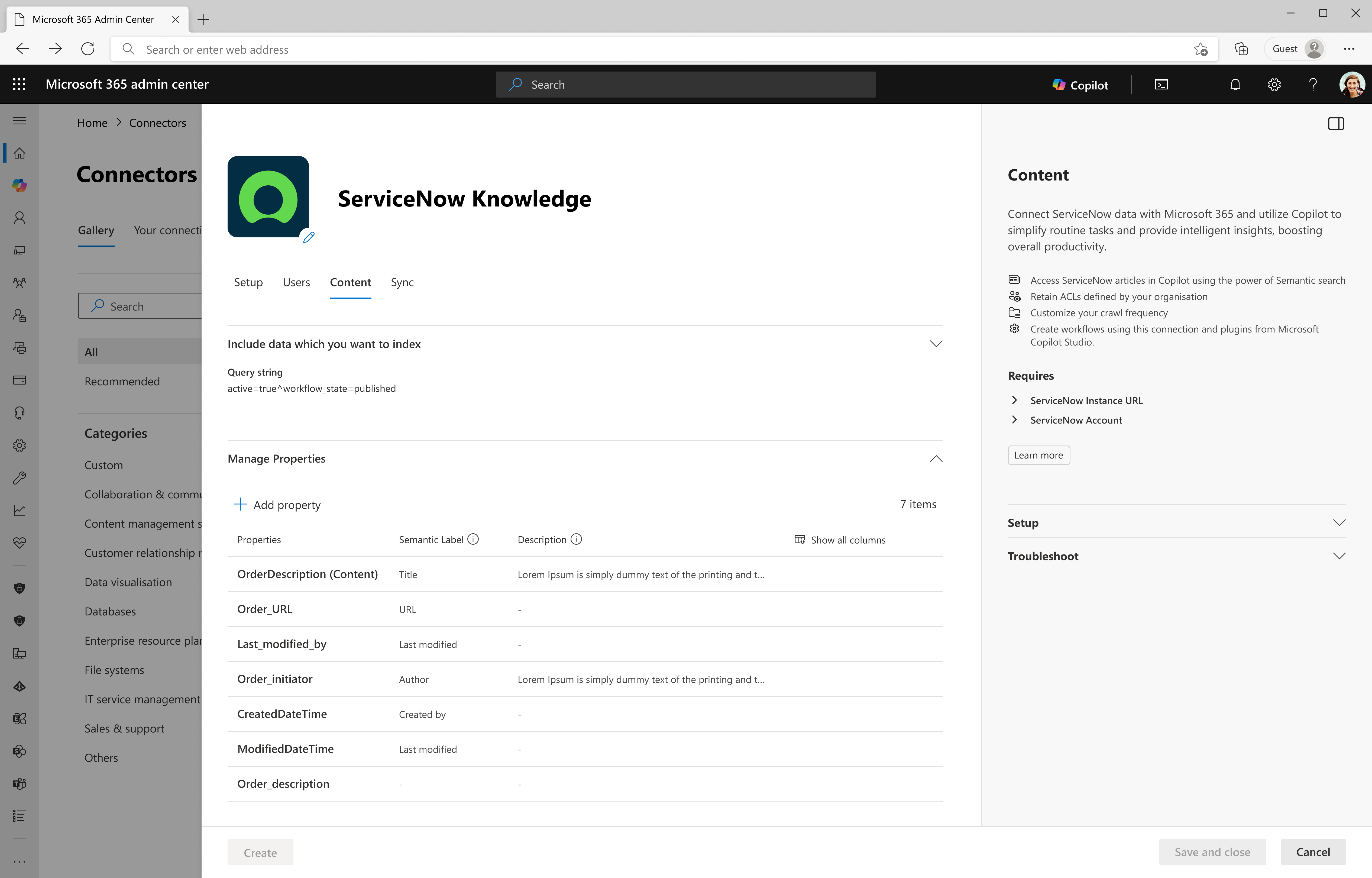 Screenshot that shows the Content configuration screen for ServiceNow Knowledge Copilot connector.