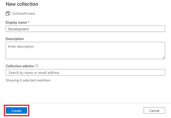 Screenshot of the classic Microsoft Purview governance portal window, showing the new collection window, with a display name and collection admins selected, and the create button highlighted.