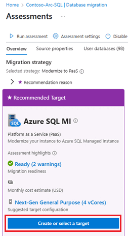 Azure portalında Değerlendirmeler bölmesini gösteren ve Hedef oluştur seçeneğinin vurgulandığı ekran görüntüsü.