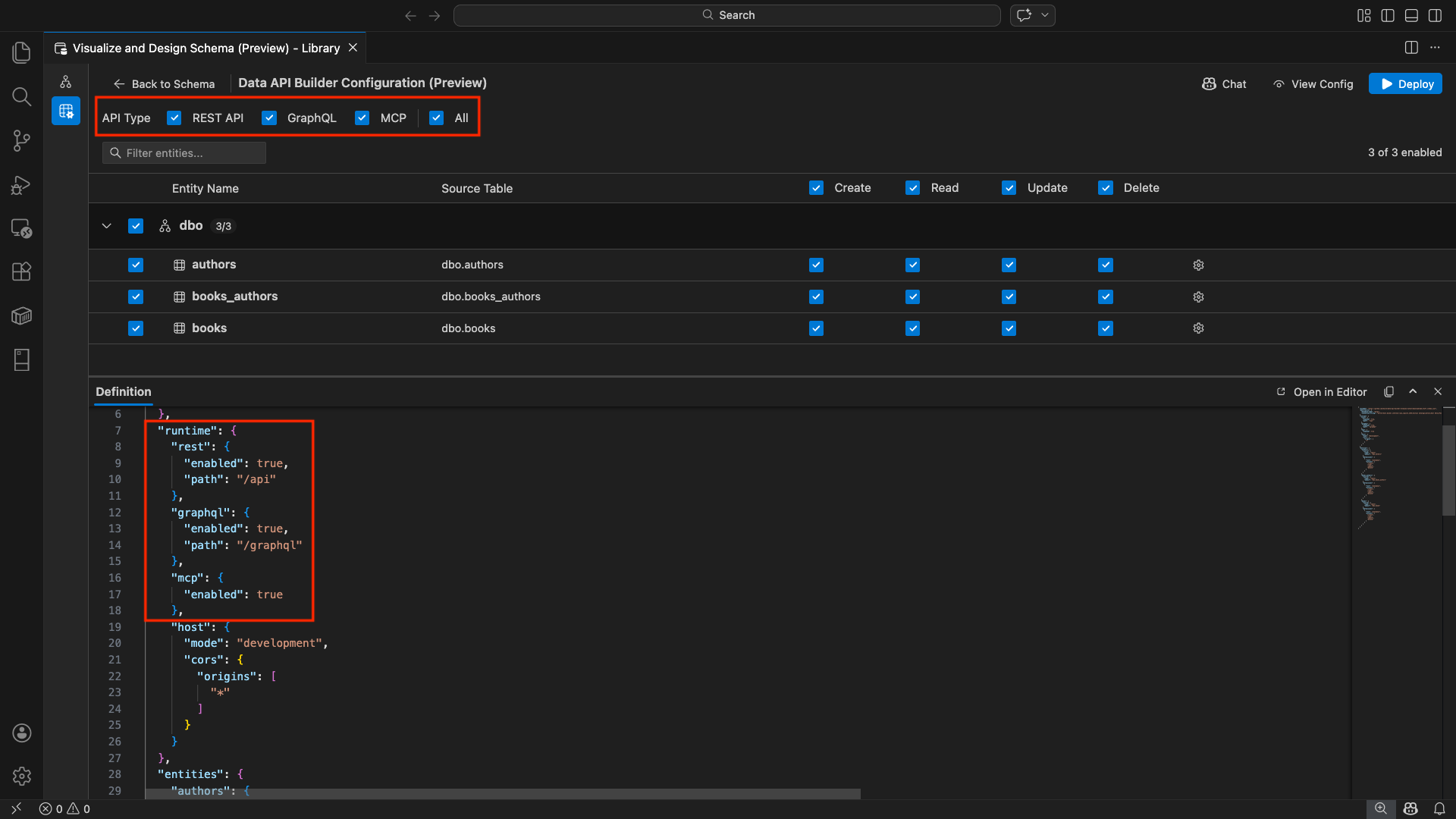 Veri API oluşturucusu yapılandırma görünümünün üst kısmındaki REST API, GraphQL, MCP ve Tüm onay kutularının ekran görüntüsü.