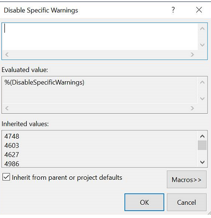 Visual Studio 2019'da belirli uyarıları devre dışı bırakmaya yönelik iletişim kutusunun ekran görüntüsü.