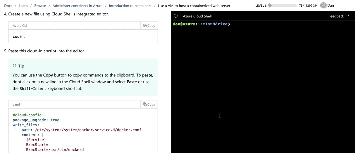 Makale sayfasında kullanıcı düzenleme kodunu gösteren docs dot microsoft dot com tarayıcı sayfasının Animasyonlu GIF'i.