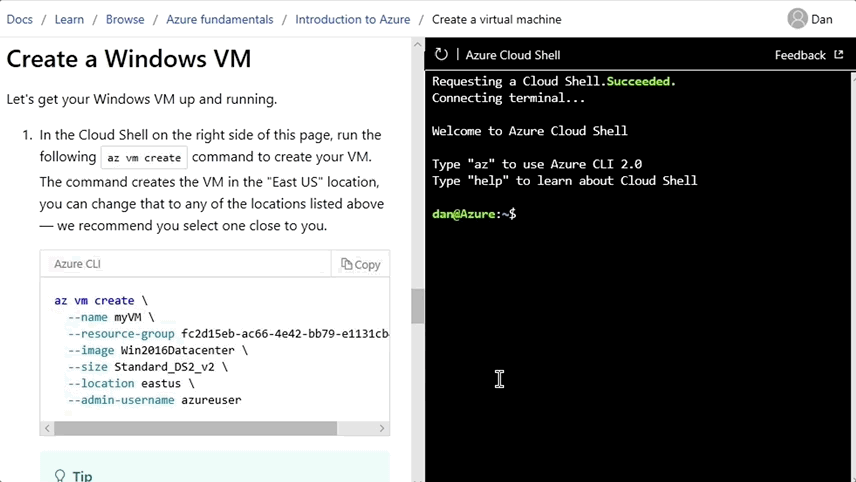 Makale sayfasında Azure Cloud Shell çalıştıran kullanıcıyı gösteren docs dot microsoft dot com tarayıcı sayfasının Animasyonlu GIF'i.