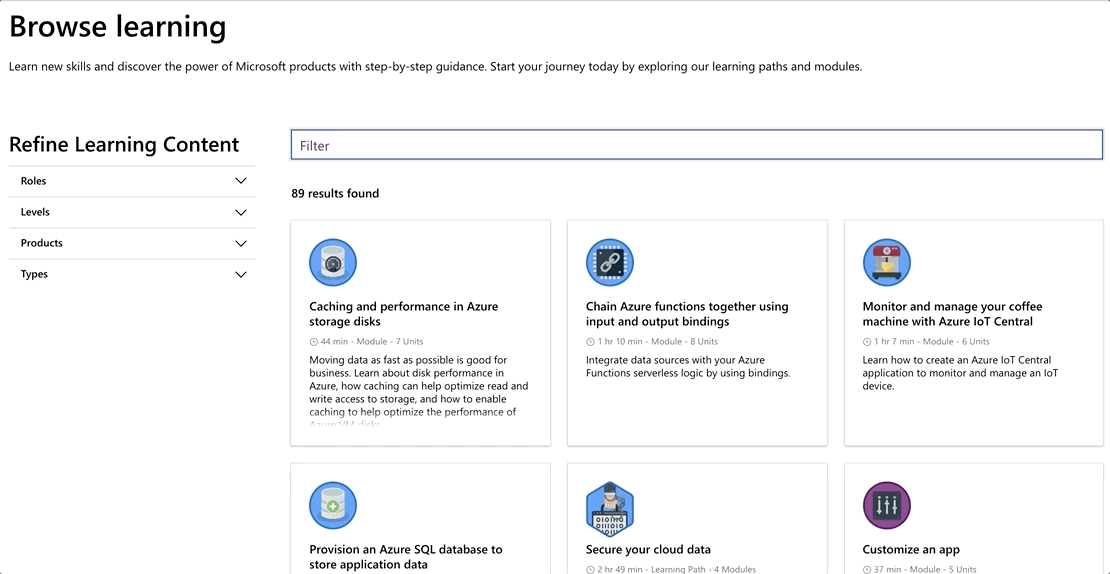 Microsoft Learn tarayıcı sayfasını gösteren Animasyonlu GIF ve onay kutusuna alınan öğeleri seçerek Öğrenme İçeriğini İyileştirme filtrelerini kullanma.