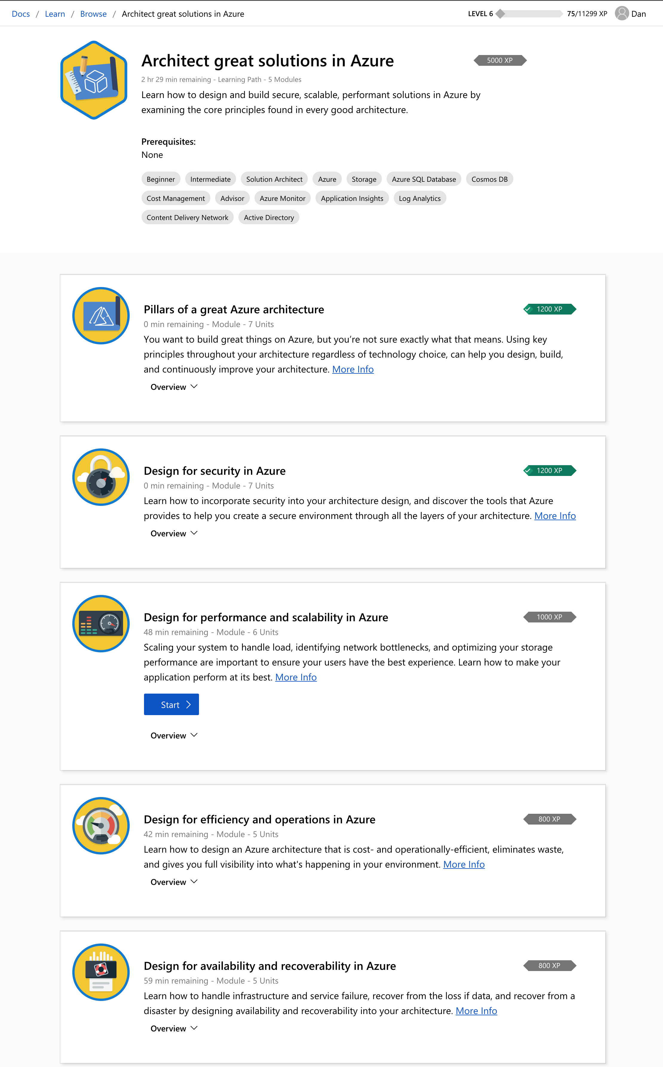 Bir microsoft Learn tarayıcı sayfasının Animasyonlu GIF'idir. Bu sayfa, bir kurs listesiyle ilişkili Büyük Çözümler Mimarı Öğrenme Yolu'nu gösterir.