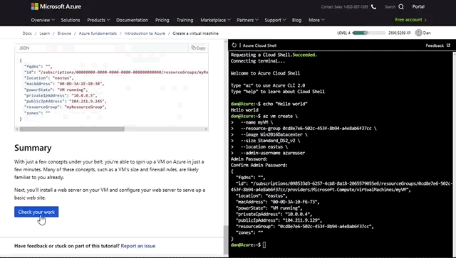 Azure Resource Manager'ın Animasyonlu GIF'idir. Bu gif, kullanıcının Çalışmanızı Denetle düğmesine tıklayıp bir dersi tamamlayanı gösterir.