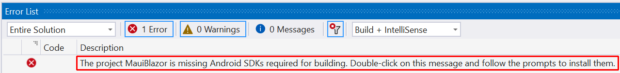 Android SDK'larını yüklemek için iletiye tıklamanızı isteyen iletinin yer aldığı Visual Studio Hata Listesi.