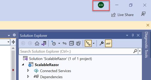 Visual Studio hesabıyla oturum açmayı gösteren ekran görüntüsü.