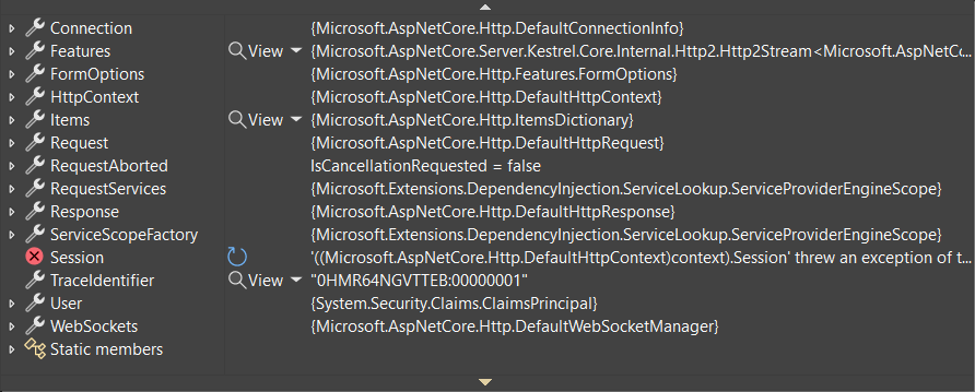 .NET 7'de HttpContext türünün yardımcı olmayan hata ayıklayıcısı görüntüsü.