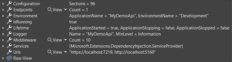 .NET 8'de WebApplication türünün yararlı hata ayıklayıcı görüntüsü.