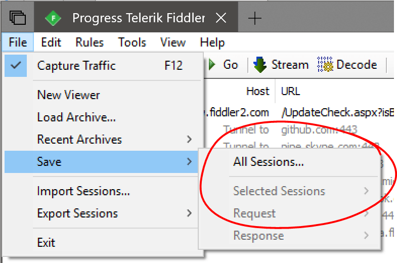 Fiddler'dan tüm oturumları dışarı aktarma