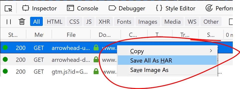 Mozilla Firefox Geliştirme Araçları Ağ Sekmesinde 