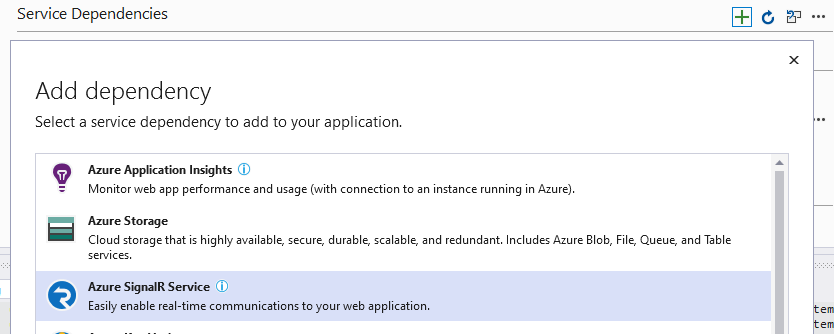 Ekle açılan listesinde Azure SignalR Hizmeti seçimini gösteren bağımlılıklar alanı