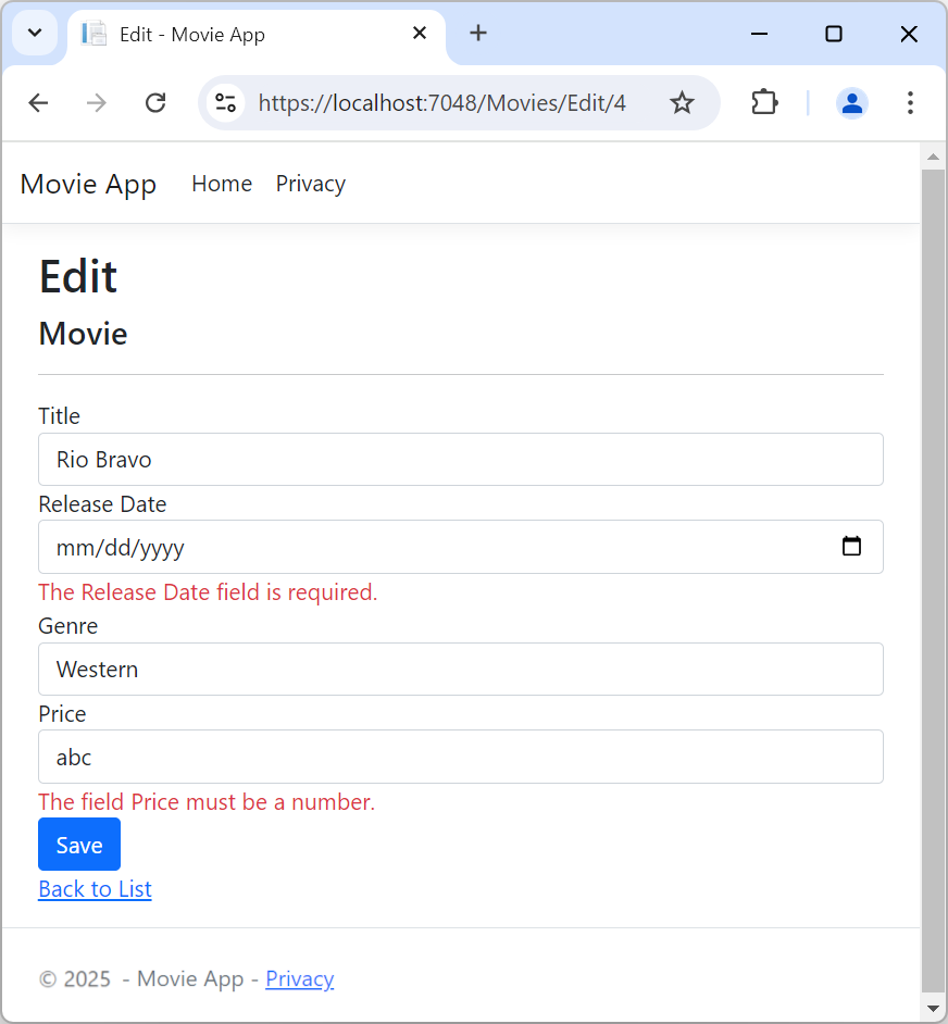 Düzenleme görünümü: Abc'nin yanlış Fiyat değeri için özel durum, Price alanının bir sayı olması gerektiğini belirtir. xyz durumlarının hatalı Yayın Tarihi değeri için özel durum Lütfen geçerli bir tarih girin.