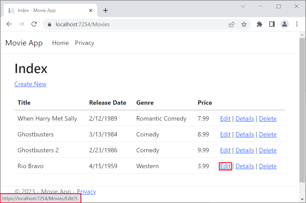 Düzenle bağlantısının üzerinde fareyle tarayıcı penceresi ve bağlantı Url'si https://localhost:5001/Movies/Edit/5 gösterilir