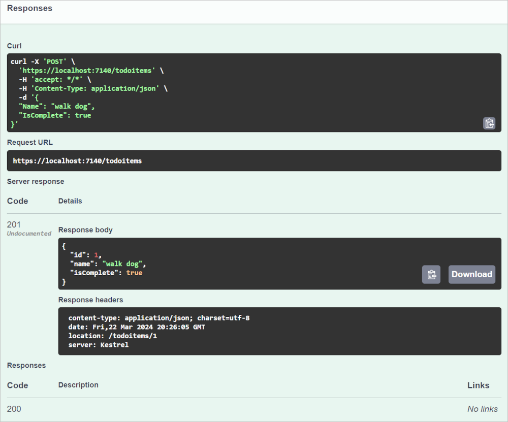 Swagger ile Post yanıtı
