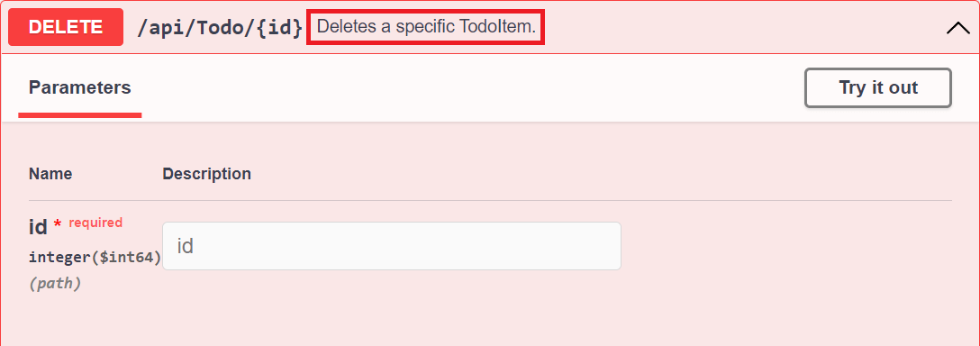 DELETE yöntemi için 'Belirli bir TodoItem'ı siler' XML açıklamasını gösteren Swagger kullanıcı arabirimi.