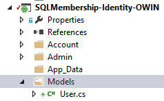 Projede Models klasörü oluşturma ve User sınıfı ekleme işleminin ekran görüntüsü.