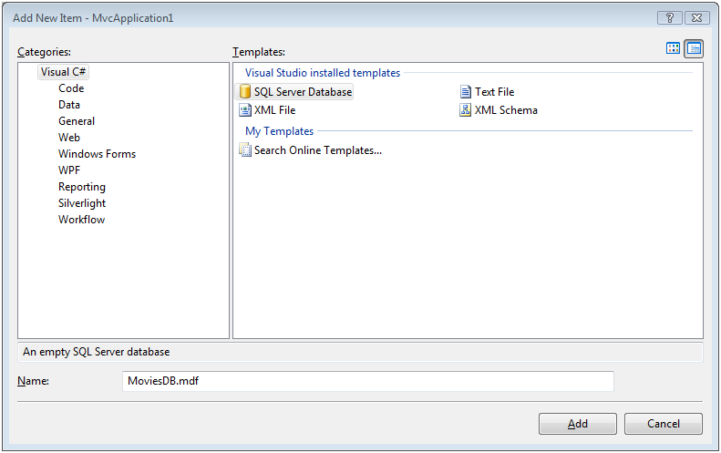 Yeni bir SQL Server Veritabanı ekleme