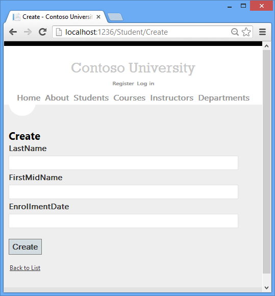 Contoso Üniversitesi Öğrenci Oluşturma sayfasını gösteren ekran görüntüsü.