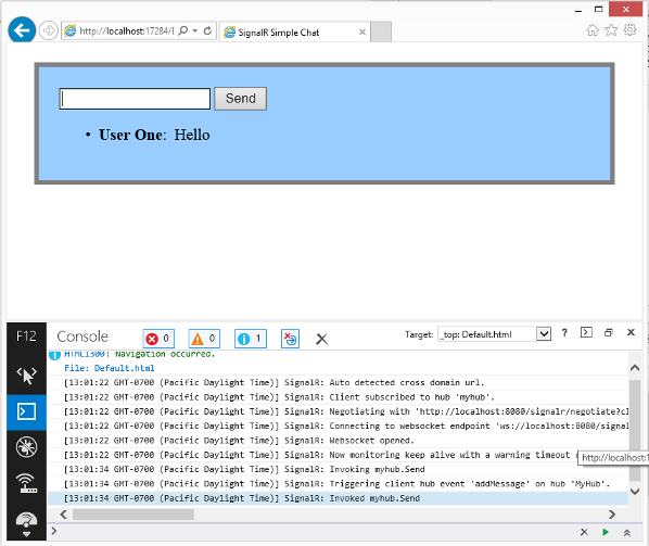 Tarayıcı konsolunda SignalR izleme olayları