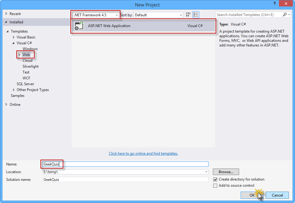 Yeni ASP.NET Web Uygulaması projesi oluşturma
