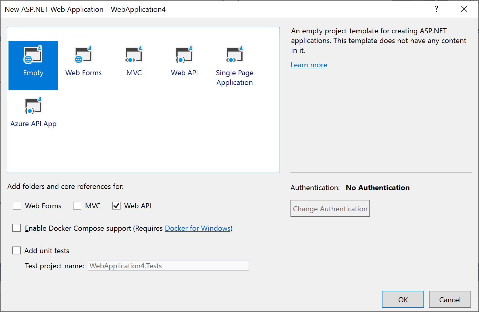 Visual Studio'da yeni ASP.NET projesi iletişim kutusu