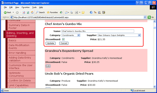 DataBinding söz dizimi eklendikten ve Düzenle düğmesi seçildikten sonra DataList EditItemTemplate öğesini gösteren ekran görüntüsü.