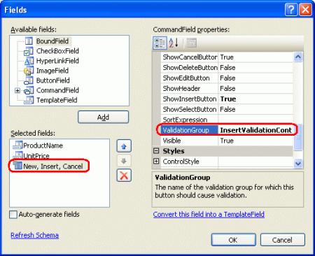 DetailsView'ın CommandField'in ValidationGroup özelliğini InsertValidationControls olarak ayarlayın
