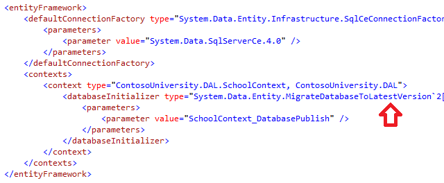 Dağıtılan uygulamada Web.config dosyasını C:\inetpub\wwwroot\ContosoUniversity konumunda açın ve dağıtım işleminin veritabanını otomatik olarak en son sürüme güncelleştirmek için Code First Migrations yapılandırıldığı yeri görün.