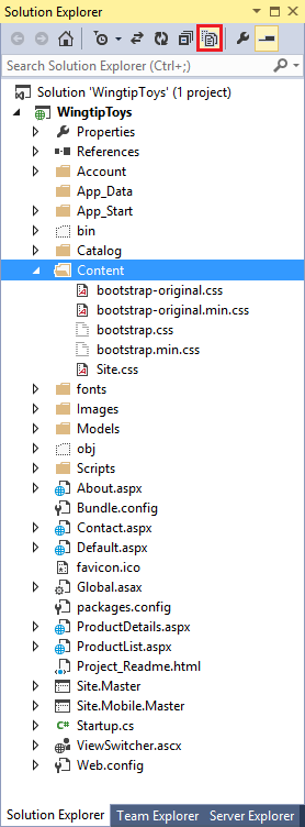 İçindeki tüm dosyaların görüntülendiği İçerik klasörünün açık olduğu Çözüm Gezgini penceresinin ekran görüntüsü.