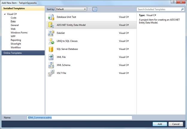 A D O nokta NET Varlık Veri Modeli'nin seçileceği yeri gösteren ekran görüntüsü.