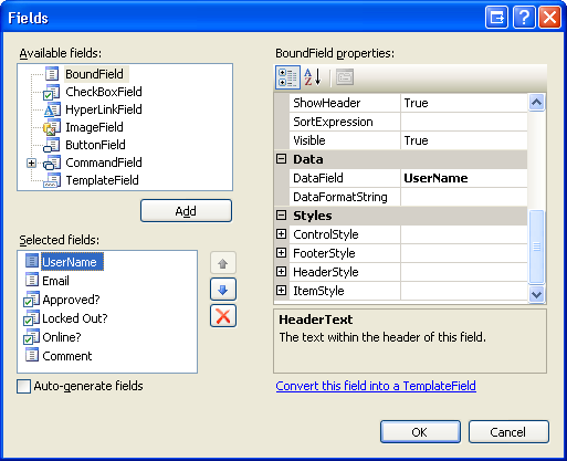 GridView'a Üç BoundField ve Üç CheckBoxField Ekleme