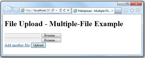 İki dosya seçiciyi ve karşıya yükle düğmesini gösteren Dosya Yükleme Birden Çok Dosya Örneği web tarayıcısı sayfasının ekran görüntüsü.