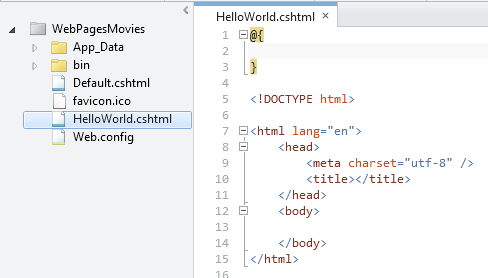 WebMatrix düzenleyicisindeki yeni HelloWorld sayfası