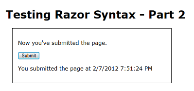 Web tarayıcısında çalışan Test Razor 2 sayfasının ekran görüntüsü ve sayfa gönderiminin ardından gösterilen zaman damgası iletisi.