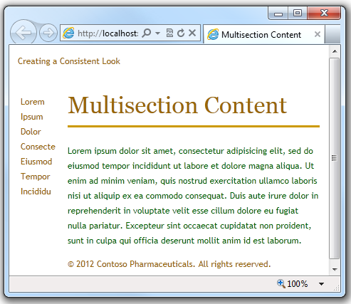 Tarayıcıda, RenderSection yöntemine yapılan çağrıları içeren bir sayfanın çalıştırılmasından kaynaklanan bir sayfayı gösteren ekran görüntüsü.