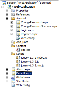 Yeni projeyle oluşturulan proje dosyalarını ve klasörlerini gösteren Visual Studio dosya menüsünün ekran görüntüsü.