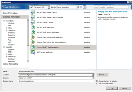 Visual Studio Yeni Proje İletişim Kutusu'nun ekran görüntüsü. Boş ASP.NET Web Uygulaması başlıklı giriş vurgulanır.