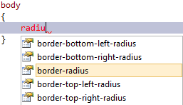 Radiu yazıldığında C S S için IntelliSense listesinde seçilen kenarlık yarıçapını gösteren ekran görüntüsü.