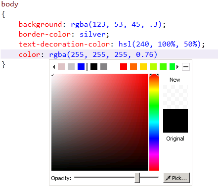 Opaklık kaydırıcısını hareket ettirdiğinizde herhangi bir rengi otomatik olarak R G B A'ya dönüştürerek renk seçiciyi gösteren ekran görüntüsü.