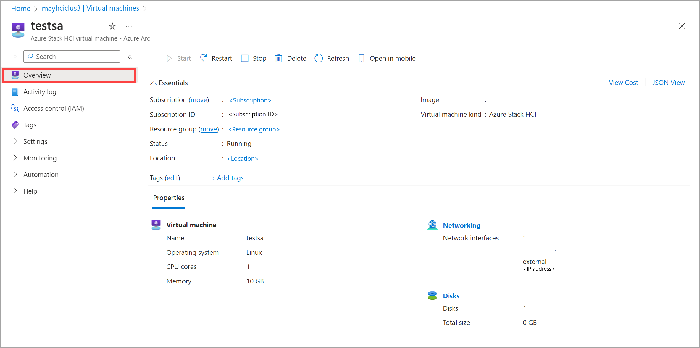 Azure portalında geçirilen VM ayrıntılarının ekran görüntüsü.