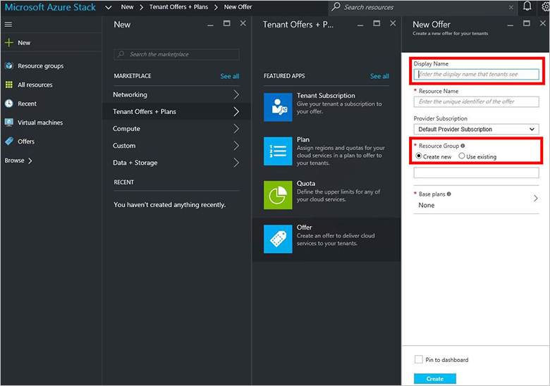 Screenshot that shows how to create a resource for new offer in Azure Stack Hub.
