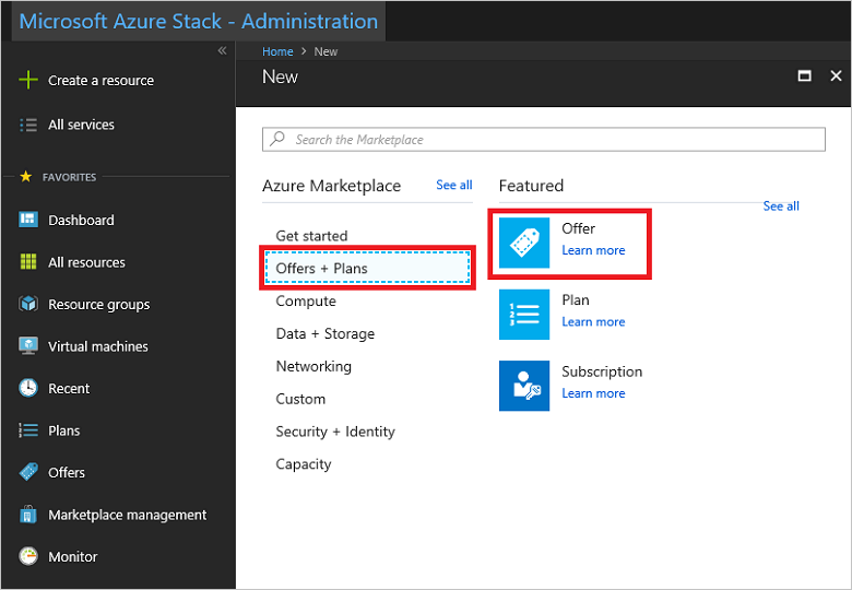 Screenshot that shows how to create an offer in Azure Stack Hub.