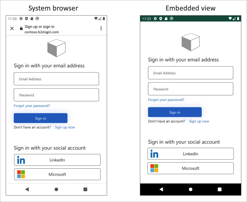 Sistem web görünümü deneyimi ile eklenmiş web görünümü deneyimi arasındaki farkı gösteren ekran görüntüsü.