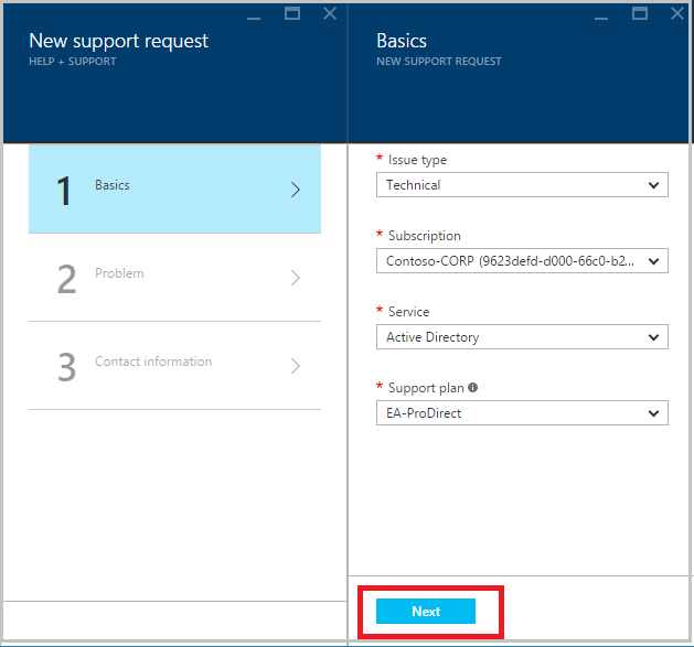 Basics page with Next button highlighted in Azure portal