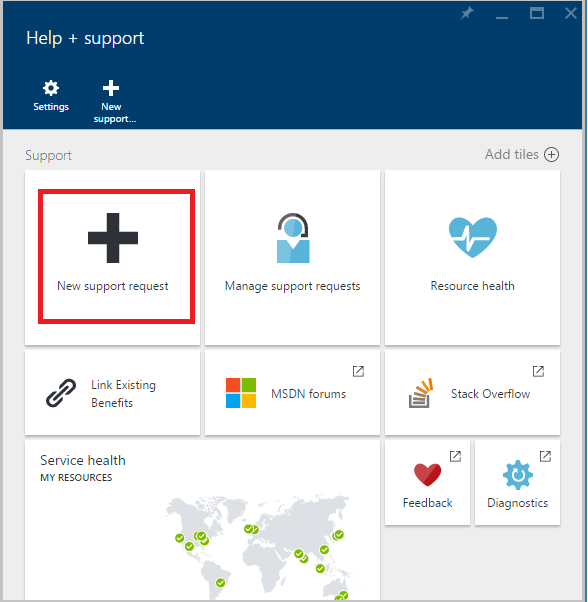 New support request tile highlighted in Azure portal
