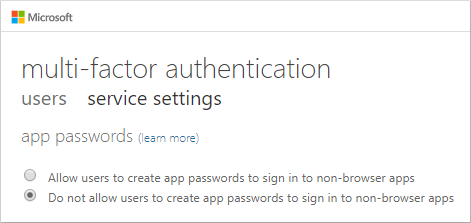 Uygulama parolaları kullanıcısına izin vermek için çok faktörlü kimlik doğrulamasının hizmet ayarlarını gösteren Azure portal ekran görüntüsü