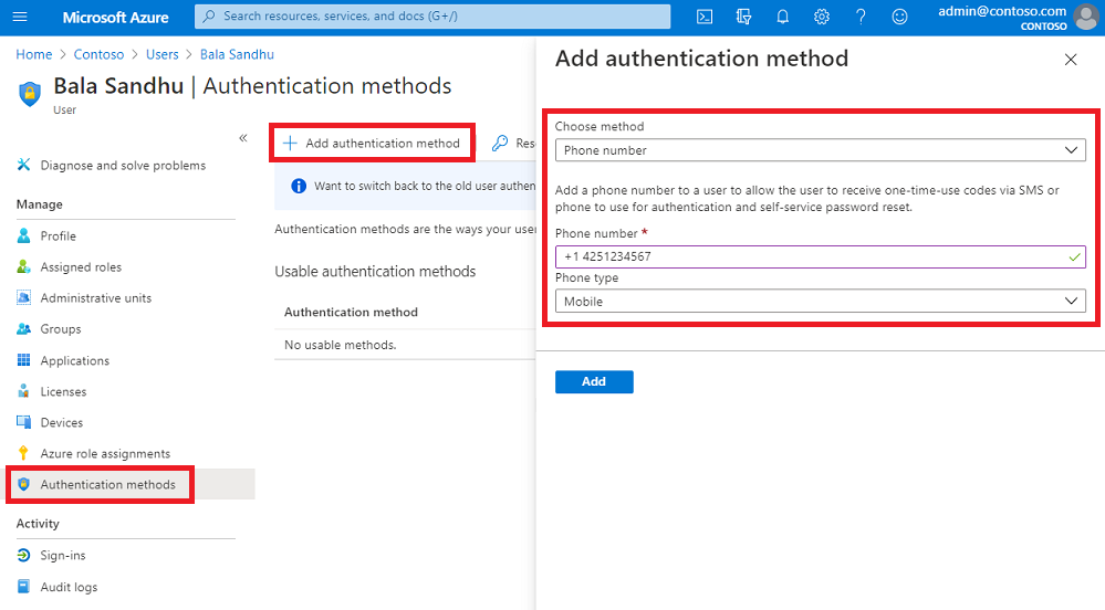 sms tabanlı kimlik doğrulaması ile kullanmak Azure portal bir kullanıcı için telefon numarası ayarlama